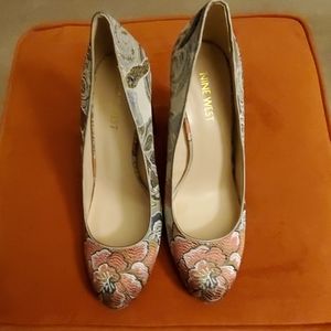 Floral canvas block heels